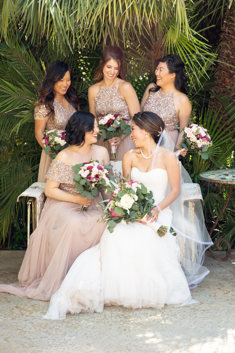 Blush Sparkly Bridesmaids Dresses. Wedding at The Mountain Mermaid in Topanga. www.christinechangphoto.com